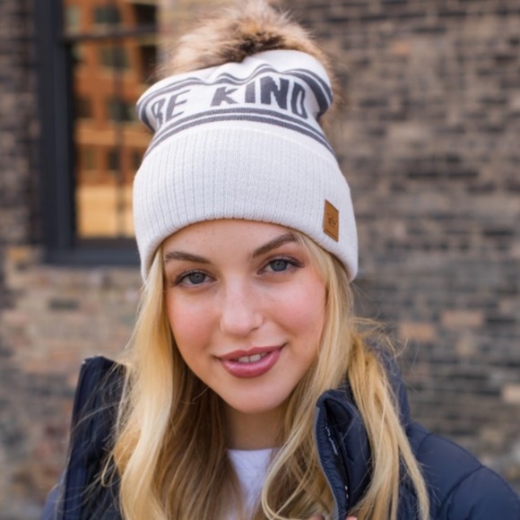 SOLD OUT Taupe Gray Knit Be Kind Faux Vegan Fur Pompom Winter Women's Beanie - Picture 3 of 4